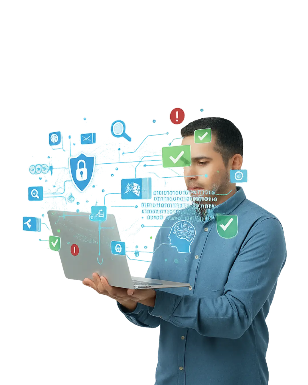 Profesional usando laptop con iconos de ciberseguridad – Soluciones Fortinet en Honduras